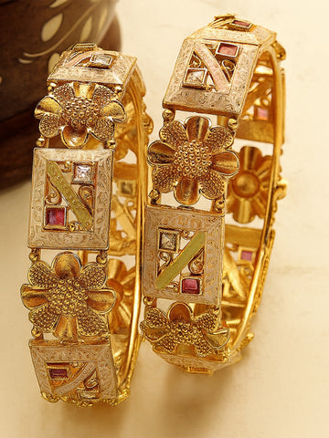 Karatcart Set of 2 Gold Plated Pink Meena Floral Design Bangles for Women
