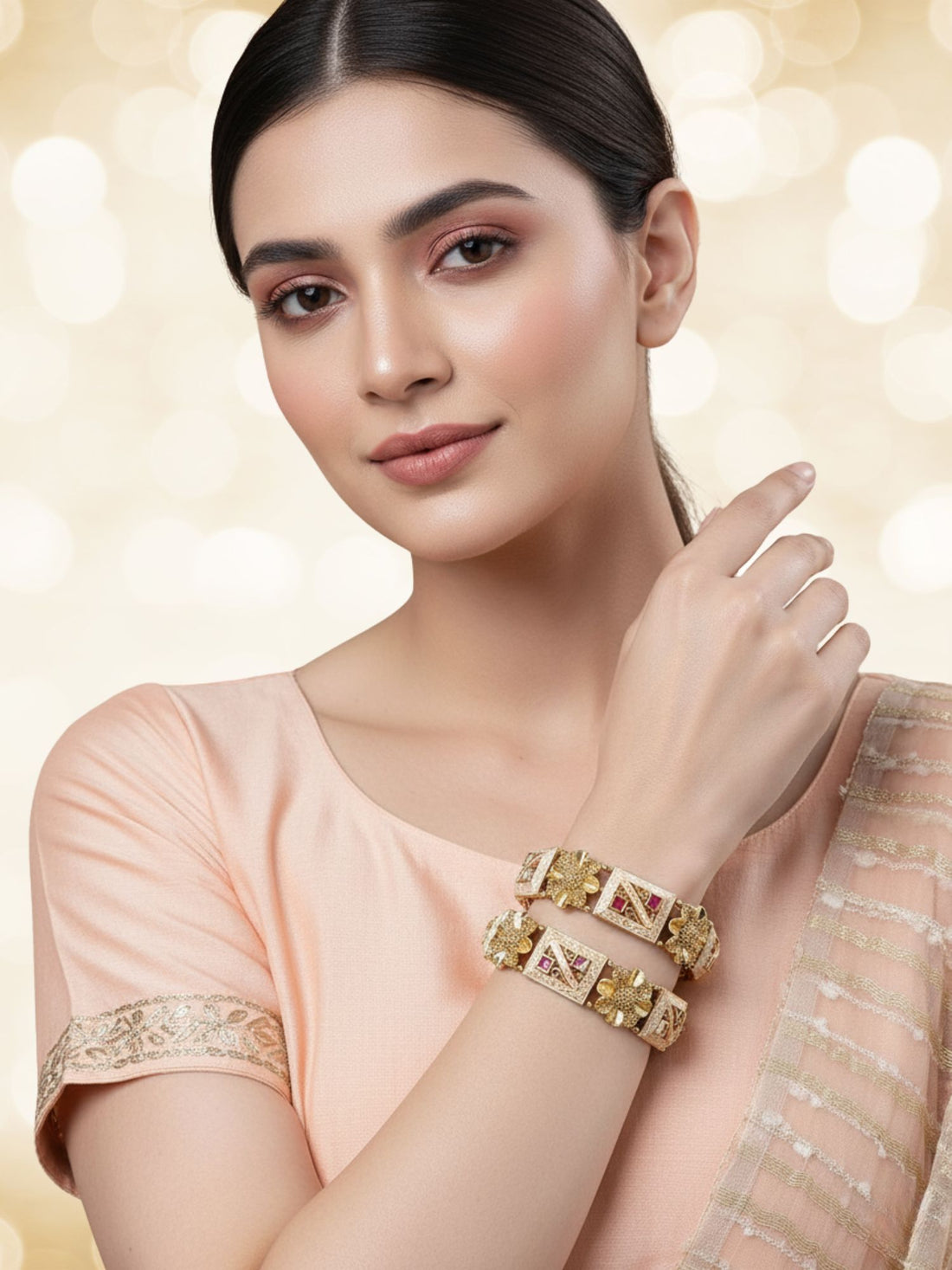 Karatcart Set of 2 Gold Plated Pink Meena Floral Design Bangles for Women
