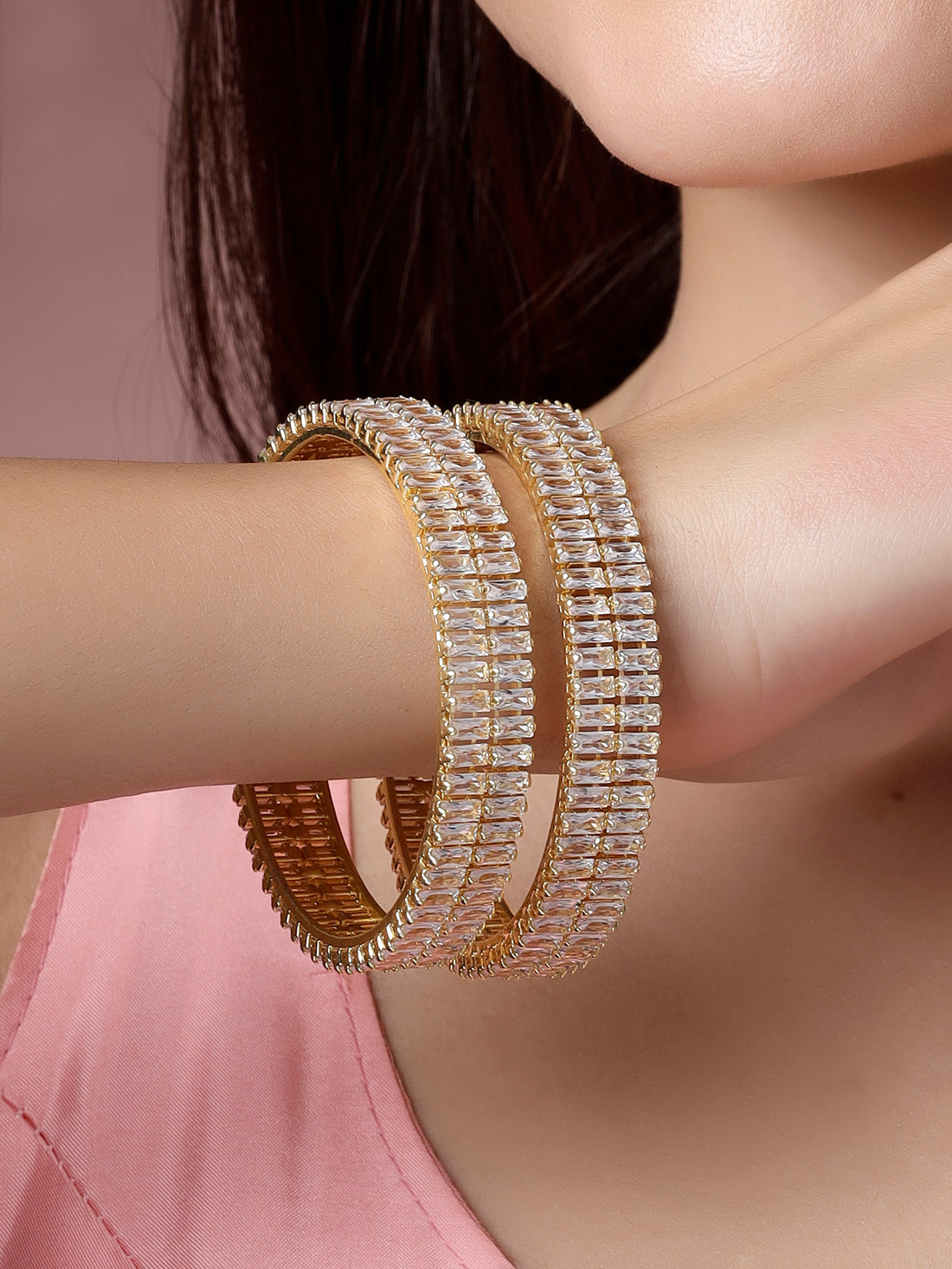 Karatcart Set of 2 Gold Plated American Diamond Studded Bangles for Women