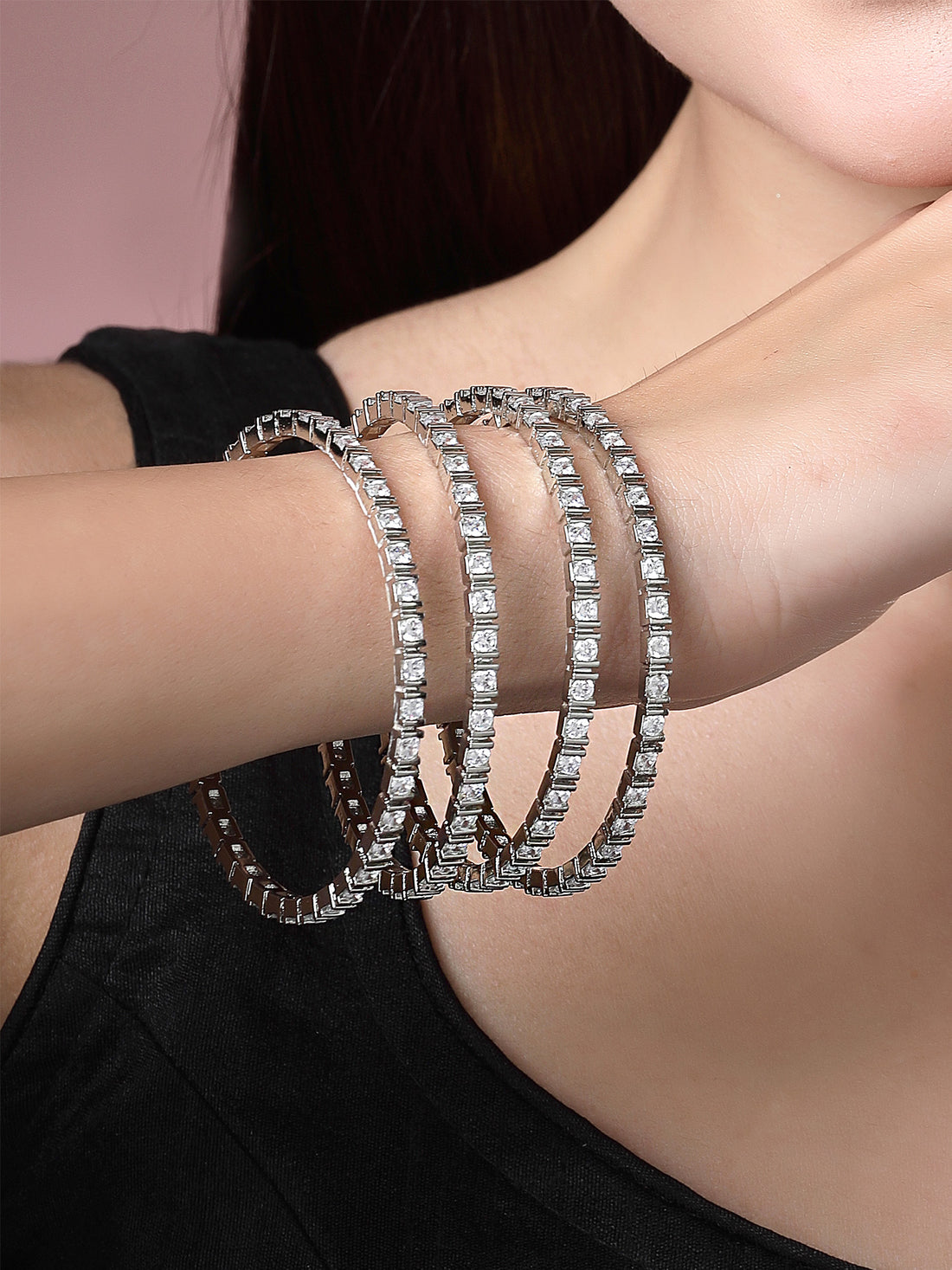 Karatcart Silver Plated Set of 4 Round American Diamond Studded Bangles for Women