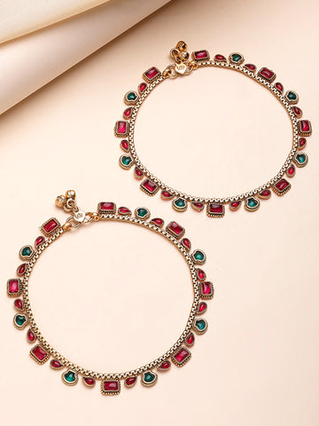 KARATCART Gold-Plated Traditional Red and Green Stone Anklet for Women