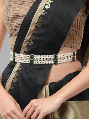 Karatcart Green Carved Stone Studded Pearl and Kundan Beaded Kamarbandh for Women