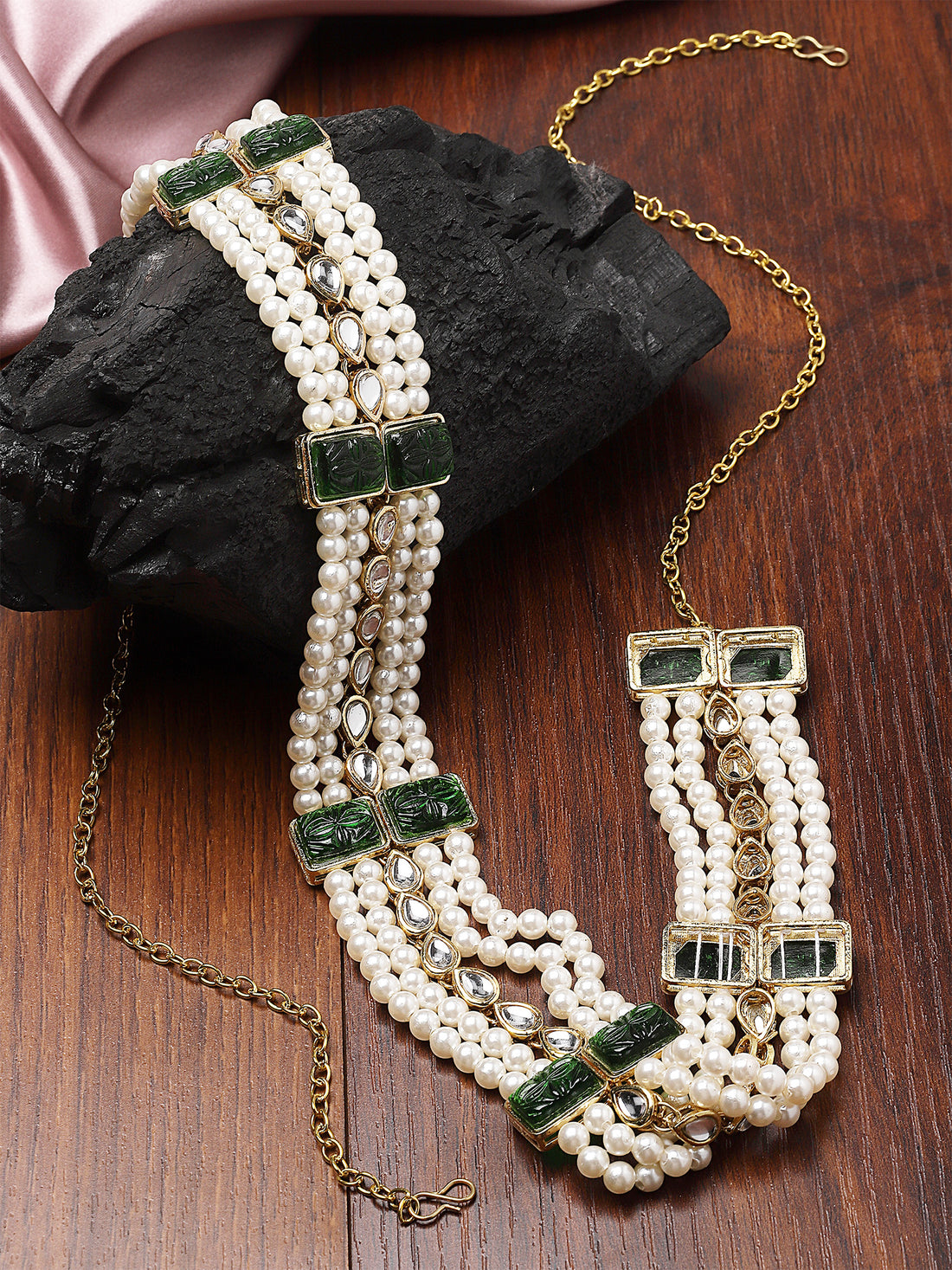 Karatcart Green Carved Stone Studded Pearl and Kundan Beaded Kamarbandh for Women
