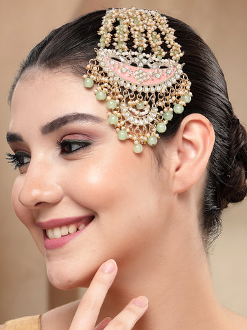 KARATCART Designer Gold-Plated Pink Meena and Light Green Beads Kundan Passa for Women