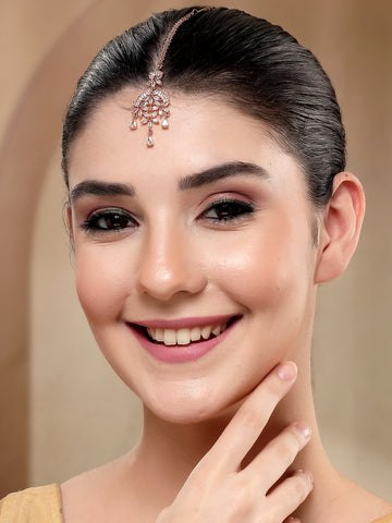 KARATCART Delicate Rose Gold-Plated Lightweight American Diamond Maangtikka for Women