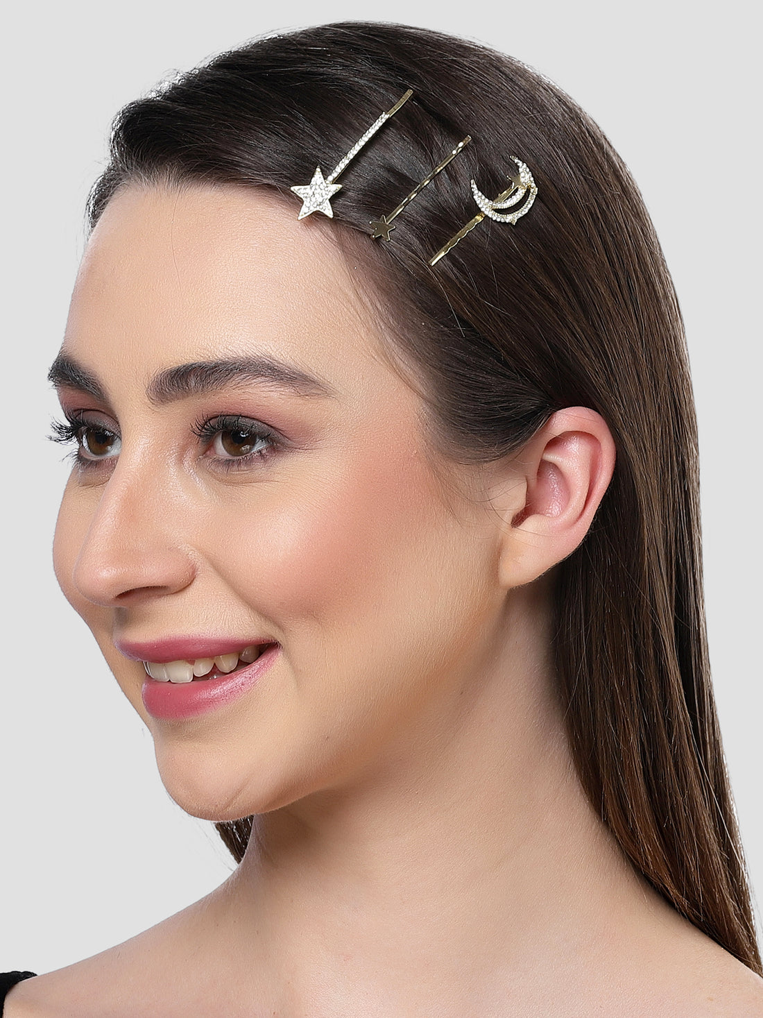 Bohey by KARATCART Set of 3 Gold Plated Moon and Star Crystal Studded Hair Clips for Women