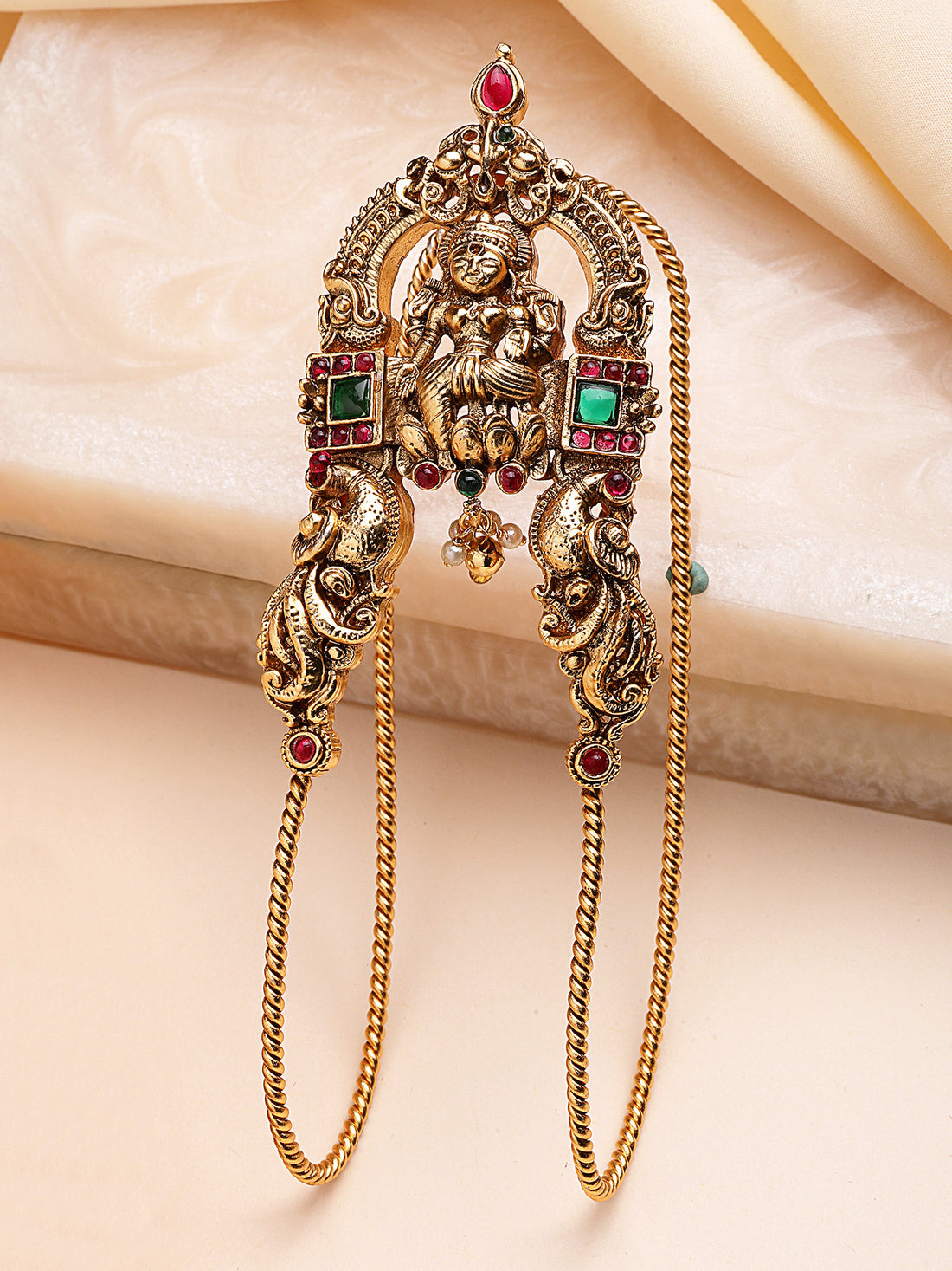 KARATCART Gold-Plated South Indian Style Goddess Lakshmi Motif Hand Veni for Women