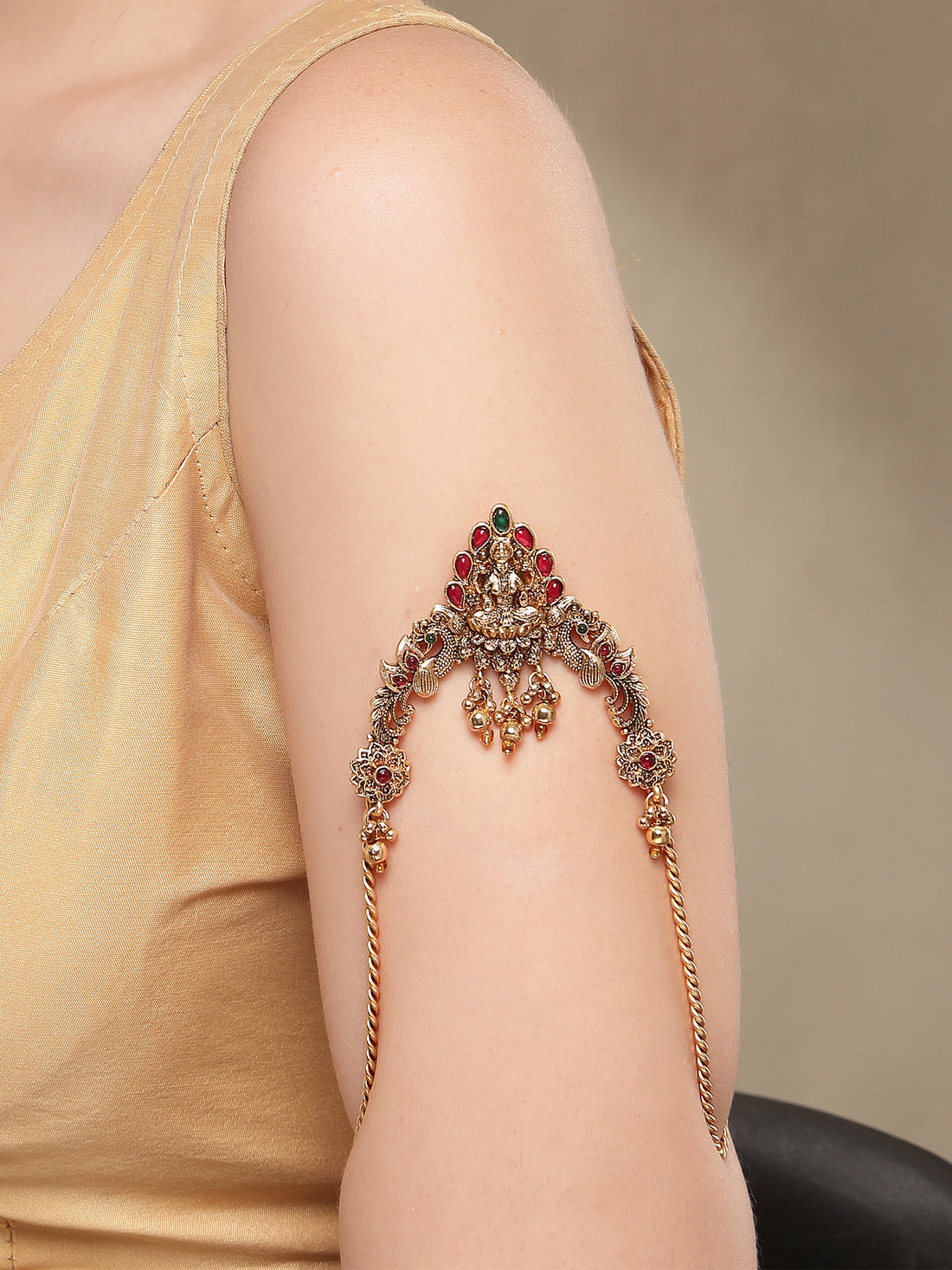 KARATCART South Indian Style Gold-Plated Hand Veni with Gemstone Detailing for Women