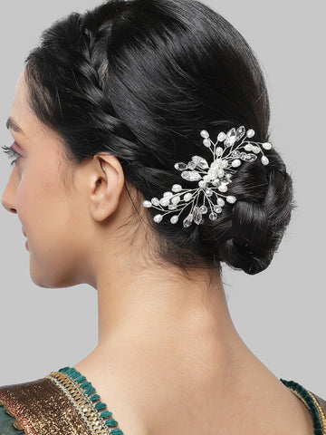Bohey by KARATCART Silver Plated Pearl and White Crystal Hair Clip for Women