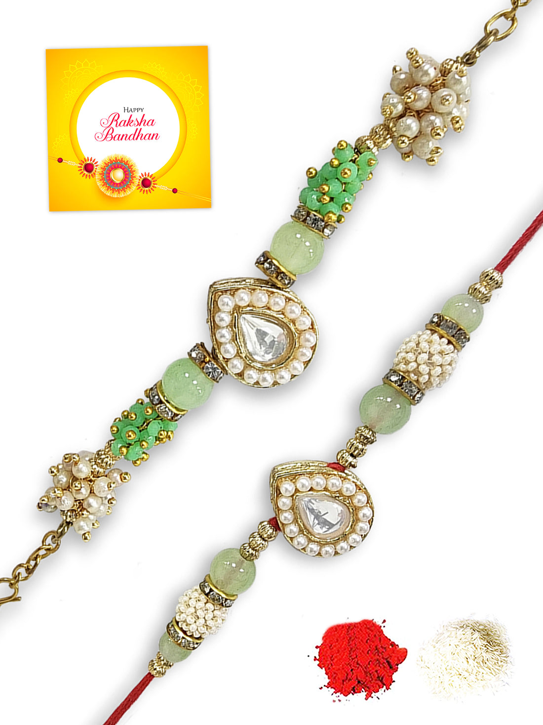 Karatcart Rakhi for Brother and Bhabhi Set of 2 Gold Plated Light Green Crystal Kundan Bhiya Bhabhi Rakhi Combo with Roli & Chawal