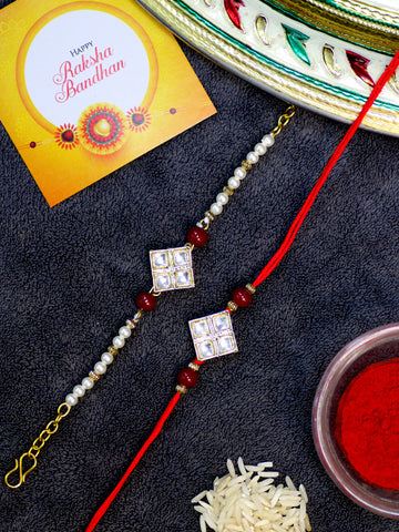 Karatcart Rakhi for Brother and Bhabhi Set of 2 Gold Plated Red Bead Square Kundan Bhiya Bhabhi Rakhi Combo with Roli & Chawal