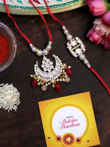 Karatcart Rakhi for Brother and Bhabhi Set of 2 Gold Plated Red and Peach Beads Handmade Kundan Bhiya Bhabhi Rakhi Combo with Roli & Chawal