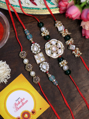 Karatcart Rakhi for Brother Set of 4 Gold Plated Handmade Kundan Rakhi with Roli & Chawal