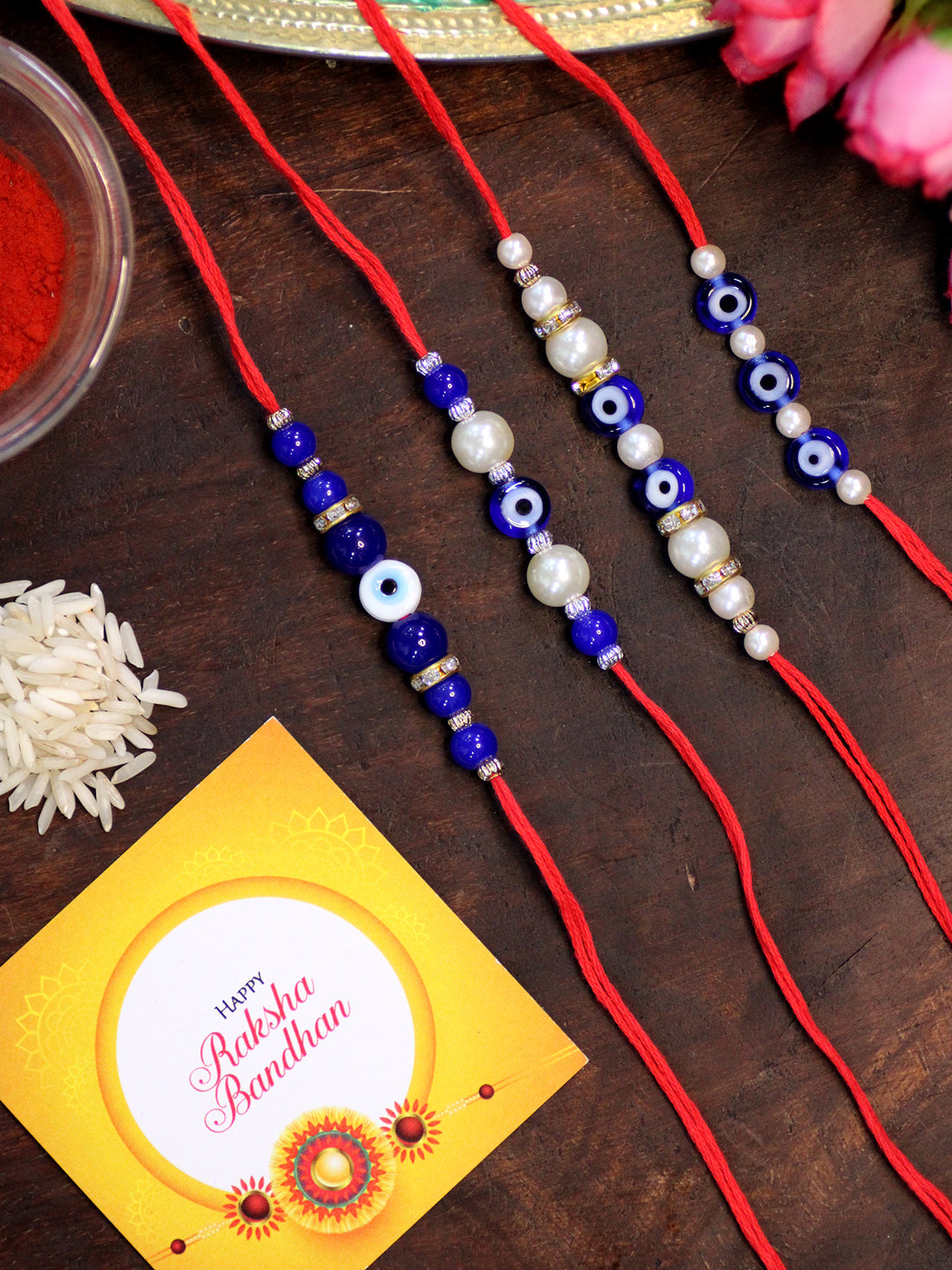 Karatcart Rakhi for Brother Set of 4 Evil Eye Handmade Rakhi with Roli & Chawal
