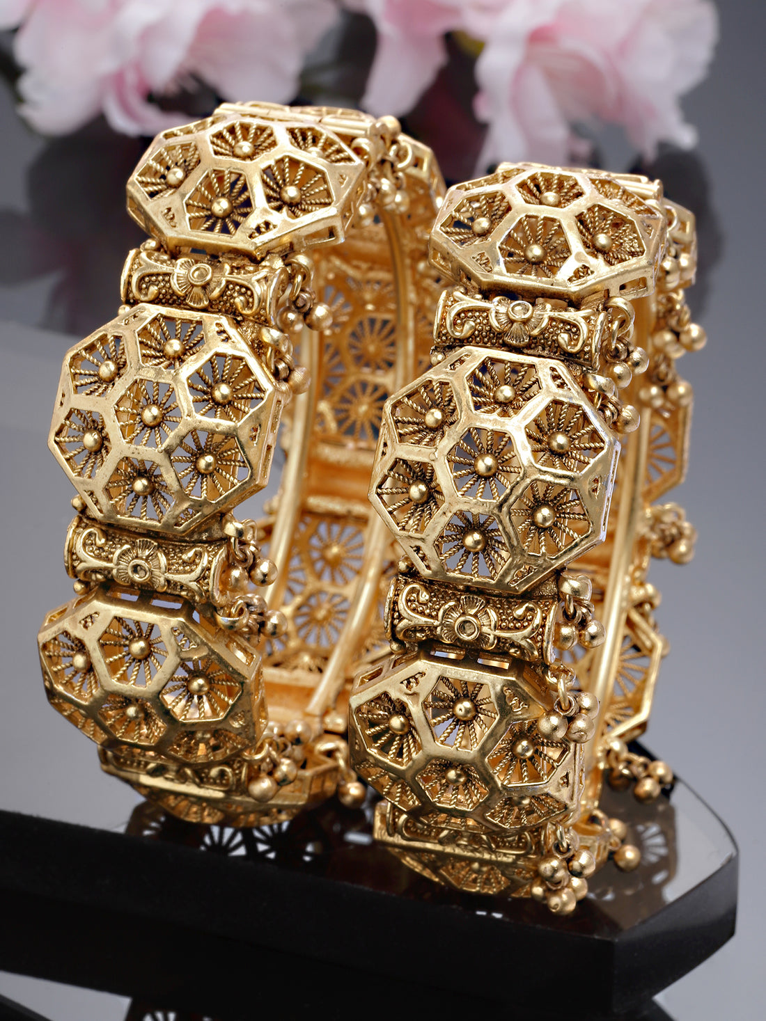 Karatcart Set of 2 Antique Gold Plated Honey Bee Design Rajwadi Temple Bangles for Women