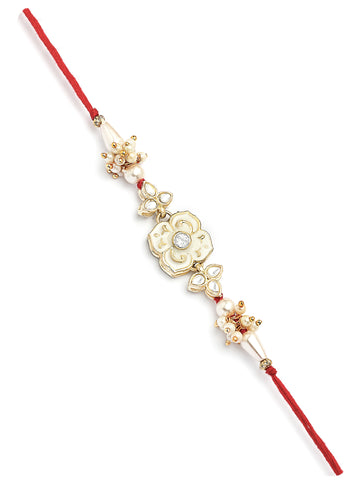 Karatcart Gold Plated White Meena Floral Kundan Bhiya Bhabhi Rakhi with Roli & Chawal