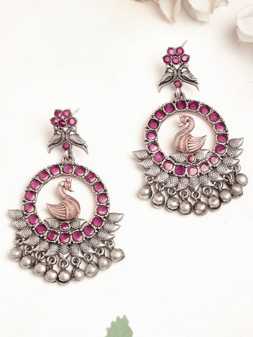 Karatcart Antique Silver Plated Peacock Tribal Drop Earrings for Women