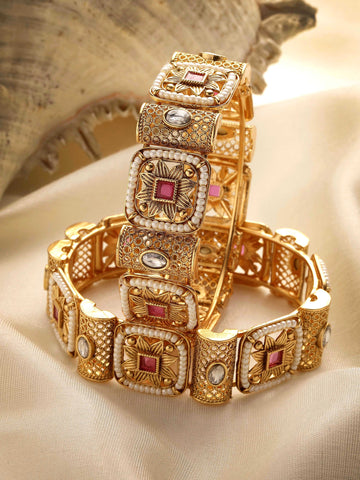 Karatcart Set of 2 Gold Plated Square Floral Design Bangles for Women