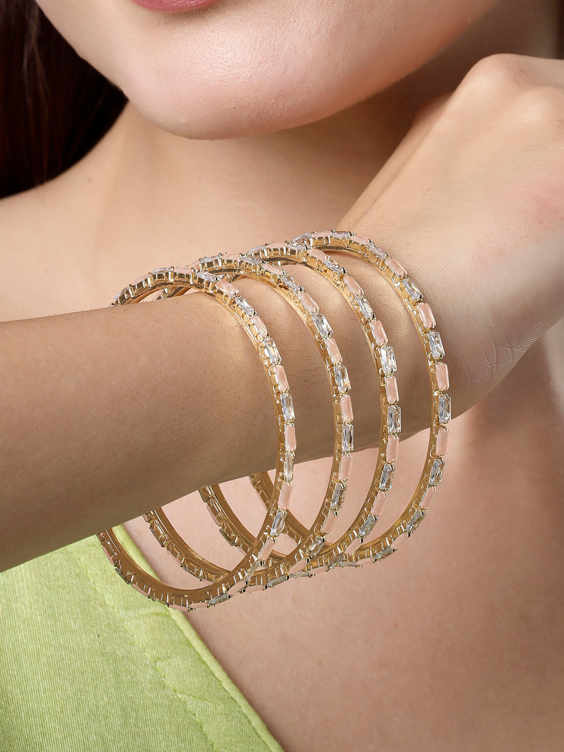 Karatcart Traditional Gold Plated Set of 4 Pink American Diamond Bangles for Women