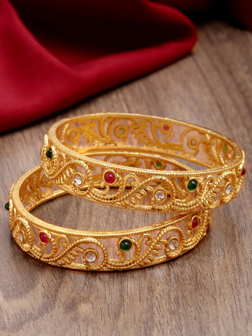 Karatcart Gold Plated Set of 2 Swirl Design Multicolor Stone Studded Bangles for Women