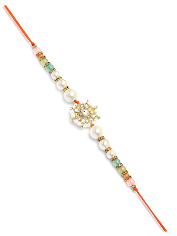 Karatcart Gold Plated Multicolor Beads Floral Kundan Bhiya Bhabhi Rakhi with Roli & Chawal
