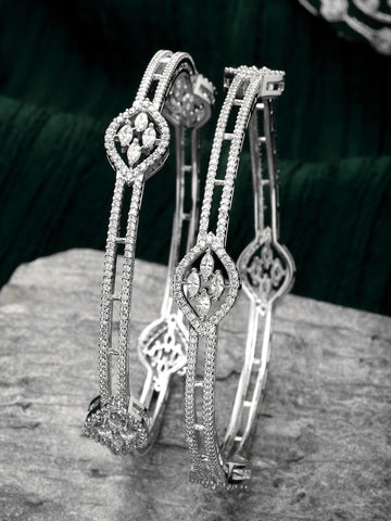 Karatcart Set of 2 American Diamond Studded Silver Tone Bangles for Women