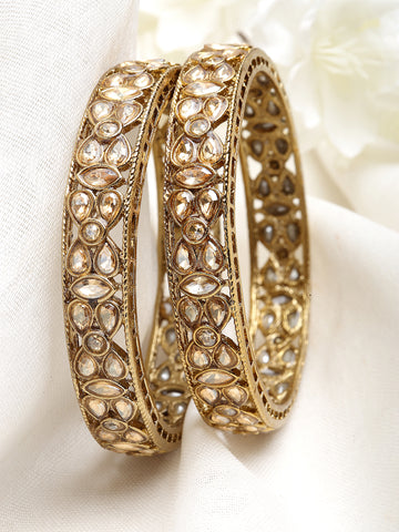 Karatcart Antique Gold Plated Set of 2 Drop Shape Kundan Studded Bangles for Women