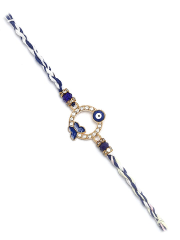 Karatcart Gold Plated Blue American Diamond Butterfly Shape Evil Eye Bhiya Rakhi with Roli & Chawal