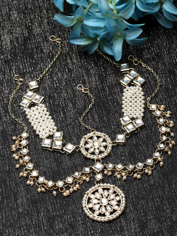 Karatcart Gold Plated Pearl and Kundan Double Line Mathapattti for Women