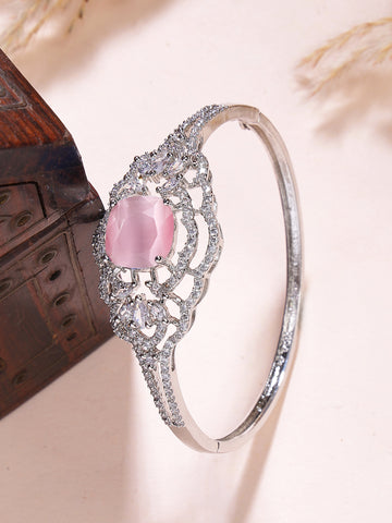 Karatcart Elegant Silver Plated Pink American Diamond Designer Bracelet for Women