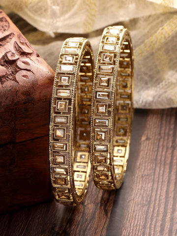 Karatcart Set of 2 Kundan Studded Antique Gold Plated Bangles for Women