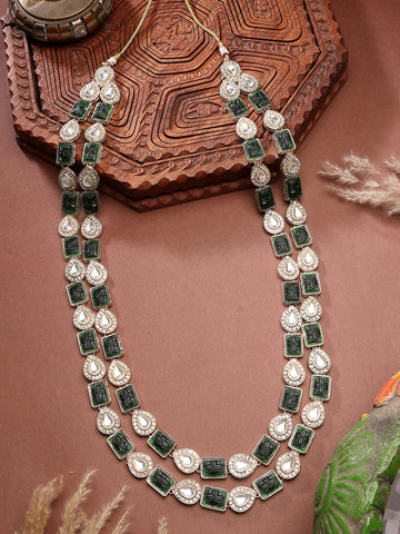 Karatcart Royal Green Carved Stone & Pearl Layered Maharaja Haar for Men