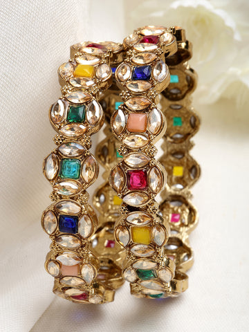 Karatcart Set of 2 Antique Gold Plated Multicolor Kundan Studded Bangles for Women