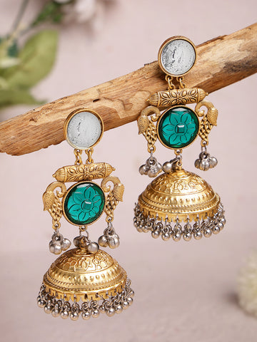 Karatcart Traditional Gold Plated Coin Jhumka Earrings with Green Stone and Bird Motif for Women