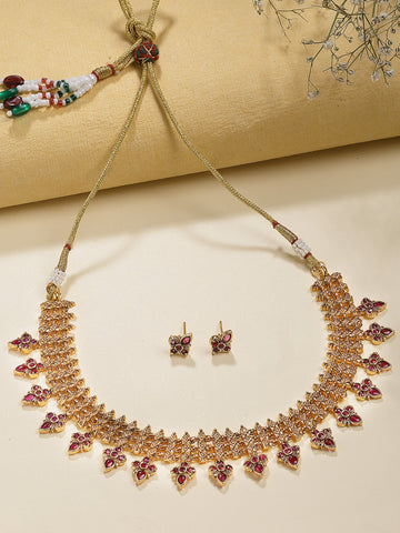 Karatcart Red Stone Floral Jali Design Classic Necklace Set for Women