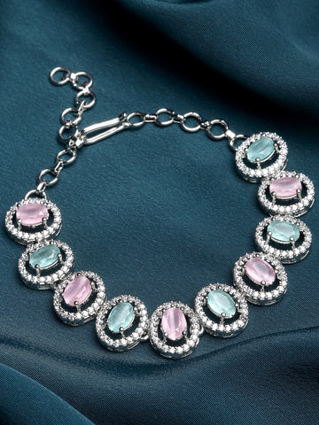 Karatcart Silver Tone Pink and Light Green CZ Studded Bracelet for Women