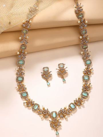 KARATCART Traditional Gold-Plated Lime Green American Diamond Rani Haar Jewellery Set for Women