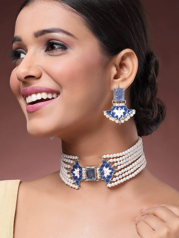 Karatcart Gold Plated Blue Meena Kundan Choker Necklace Set for Women