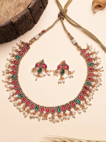 Karatcart Drop Shape Red and Green Stone Necklace Set for Women