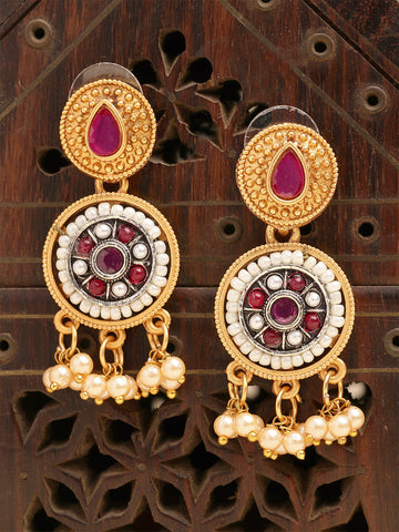 Karatcart Antique Gold Plated Circular Earrings with Red Stone, Pearl, and Kundan Detailing for Women