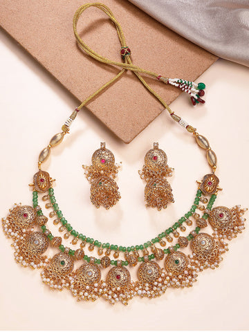KARATCART Traditional Gold Plated Green Crystal Multilayer Temple Jewellery Set for Women