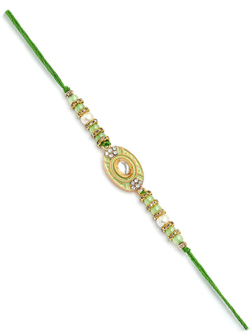 Karatcart Gold Plated Lime Green Enamel Kundan Bhiya Bhabhi Rakhi with Roli & Chawal