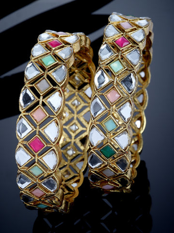 Karatcart Set of 2 Gold Plated Multicolor Kundan Bangles for Women