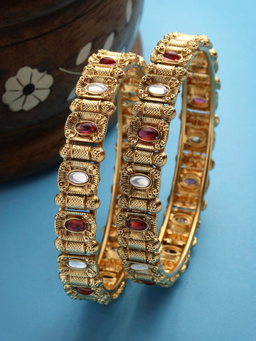 Karatcart Set of 2 Gold Plated Red and White Stone Studded Bangles for Women