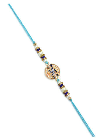 Karatcart Set of 2 White and Blue Swastik Design Enamel Kundan Rakhi for Brother with Roli & Chawal