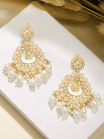 Karatcart Designer Gold-Plated Pearl-Studded Dangler Earrings for Women