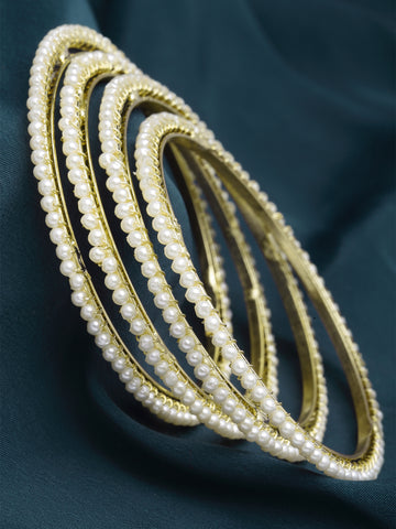 Karatcart Set of 4 Gold-Plated Pearl Studded Bangles for Women