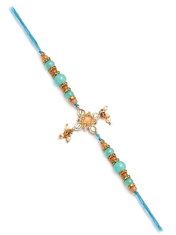 Karatcart Gold Plated Light Blue and Peach Beads Kundan Bhiya Bhabhi Rakhi with Roli & Chawal