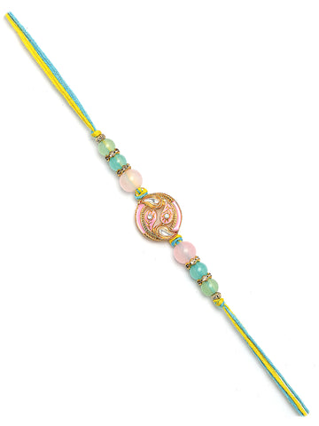Karatcart Set of 2 Green and Pink Enamel Kundan Rakhi for Brother with Roli & Chawal