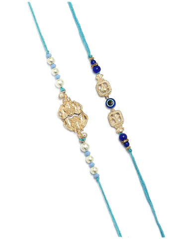 Karatcart Set of 4 Blue and White Kundan Rakhi for Brother with Roli & Chawal